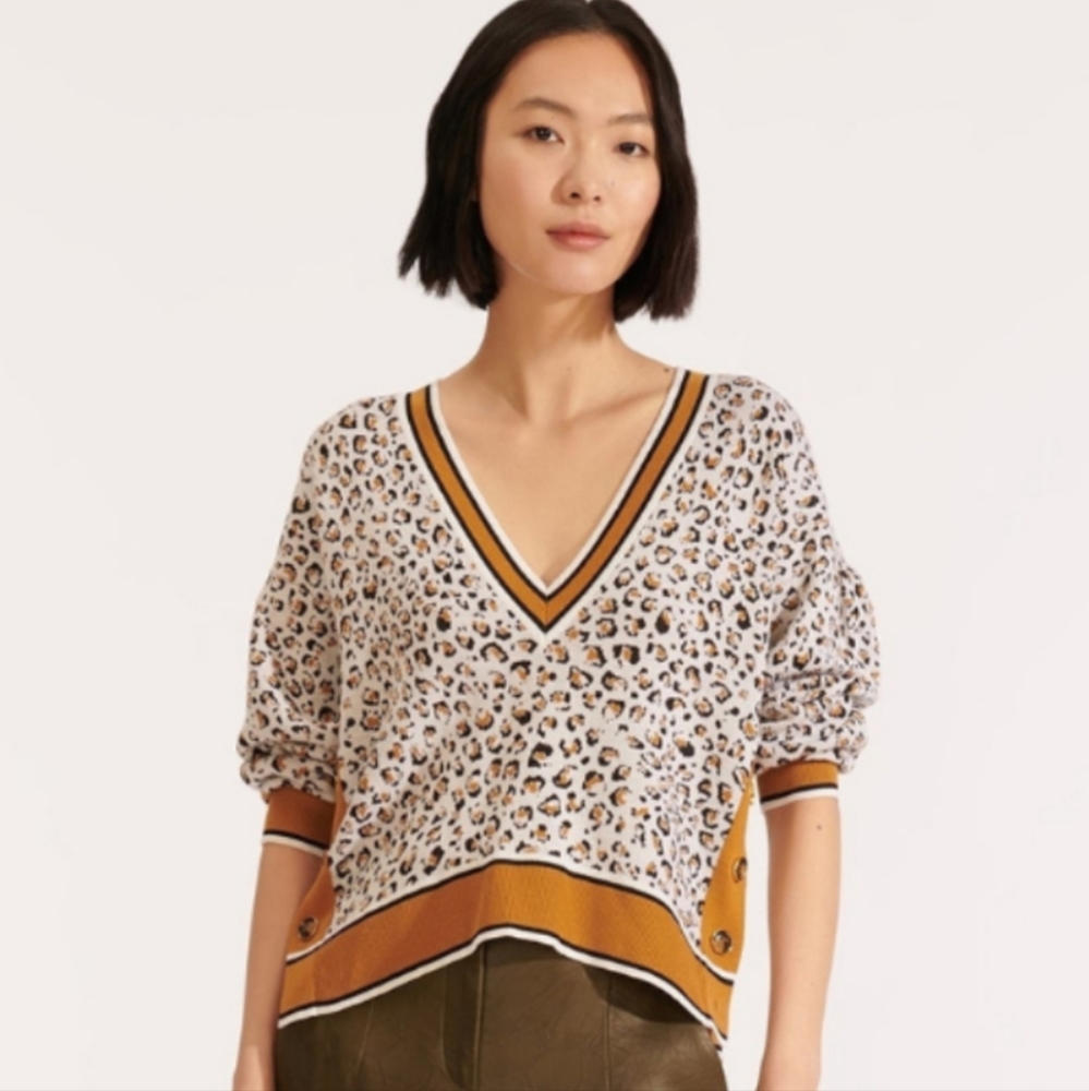 Veronica Beard Tan/Mustard Leopard Print V-Neck Sweater sz M
